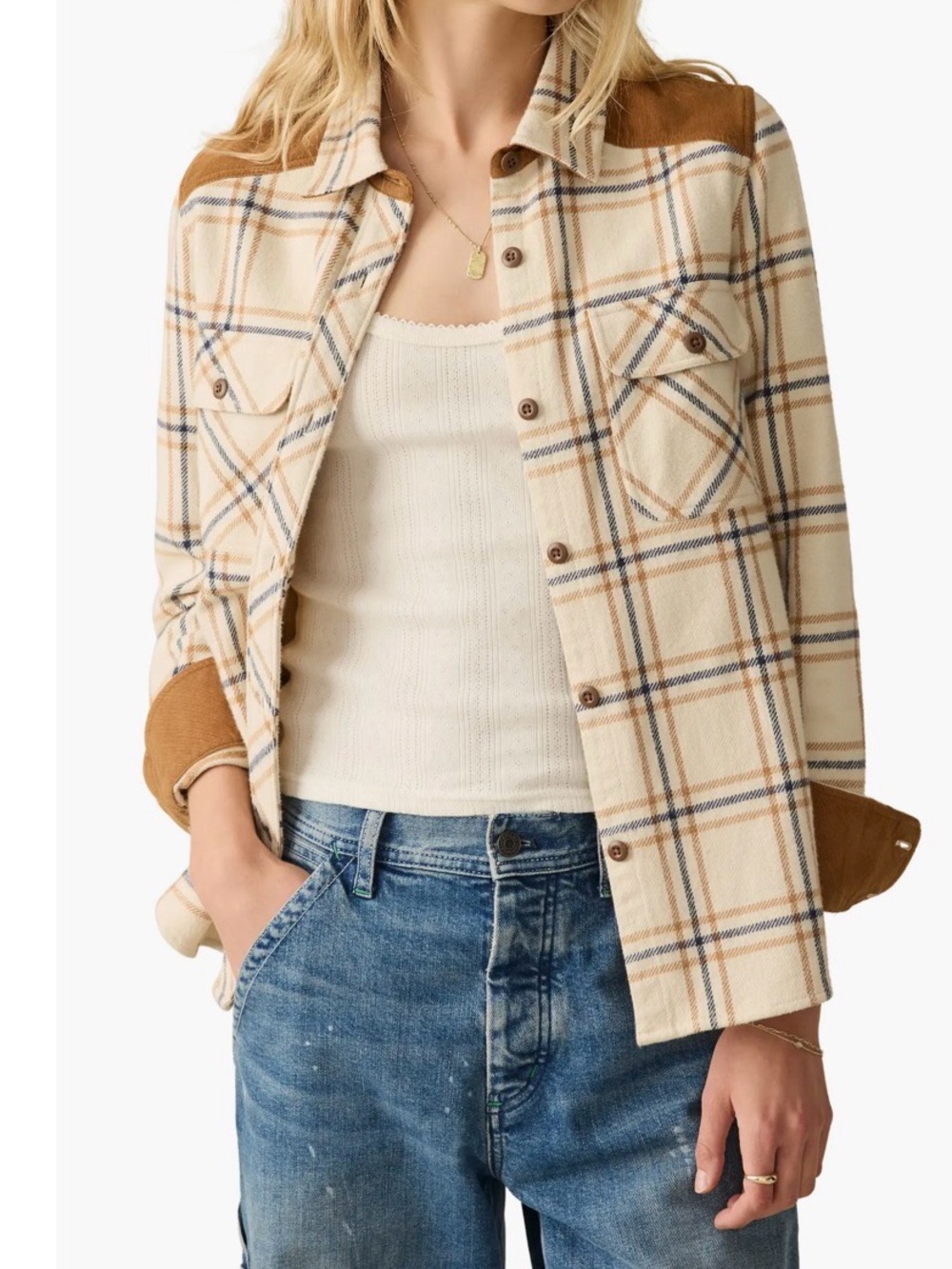 Women's Cream Plaid Shirt Jacket